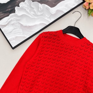 Suéter de punto calado para mujer, cuello redondo, manga larga, informal, para otoño - Product Image 3