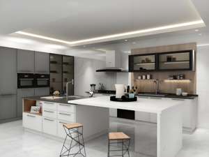 Gabinetes de cocina de lujo modernos, puertas de cocina de melamina de madera maciza, gabinetes laterales de comedor con pintura brillante de una sola isla - Product Image 3