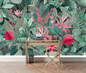 Tropikal orman papağan çiçek sanatsal fresk ev dekorasyon için <span class=keywords><strong>Vintage</strong></span> stil yeşil pembe botanik PVC duvar kağıdı - Product Image 3