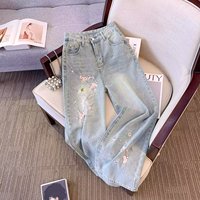 Jeans à jambes larges pour femmes, style chinois, broderie florale, denim délavé, taille haute, coupe ample, pantalon décontracté rétro