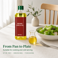 Huile de Camélia en Gros, Pressée à Froid, Huile de Cuisine Comestible, Bouteille de 900 ml, Utilisation en Cuisine, OEM, Marque Privée, Exportation, Usine