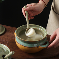 Bol à soupe en céramique à double anse, résistant aux chocs thermiques, avec couvercle et cuillère, compatible micro-ondes, pot à assaisonnement de cuisine