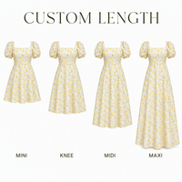 Robe trapèze jaune florale personnalisée à col carré et manches bouffantes longueur genou pour femme, vente en gros, fabricant OEM ODM