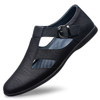 Nouvelles sandales pour hommes respirantes à bout rond, motif uni, antidérapantes, à enfiler, en cuir, rehaussantes, chaussures habillées d'affaires
