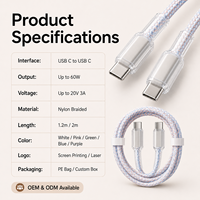 Câble de données USB 2.0 USB-C vers USB-C 480 Mbps 60 W 3 A Charge rapide en nylon tressé avec cuivre étamé motif cristal de glace Vente en gros