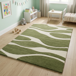 Tapis de salon classique géométrique vert en mélange laine/coton tissé à la main, à poils coupés, antidérapant, écologique et résistant aux taches - Product Image 2