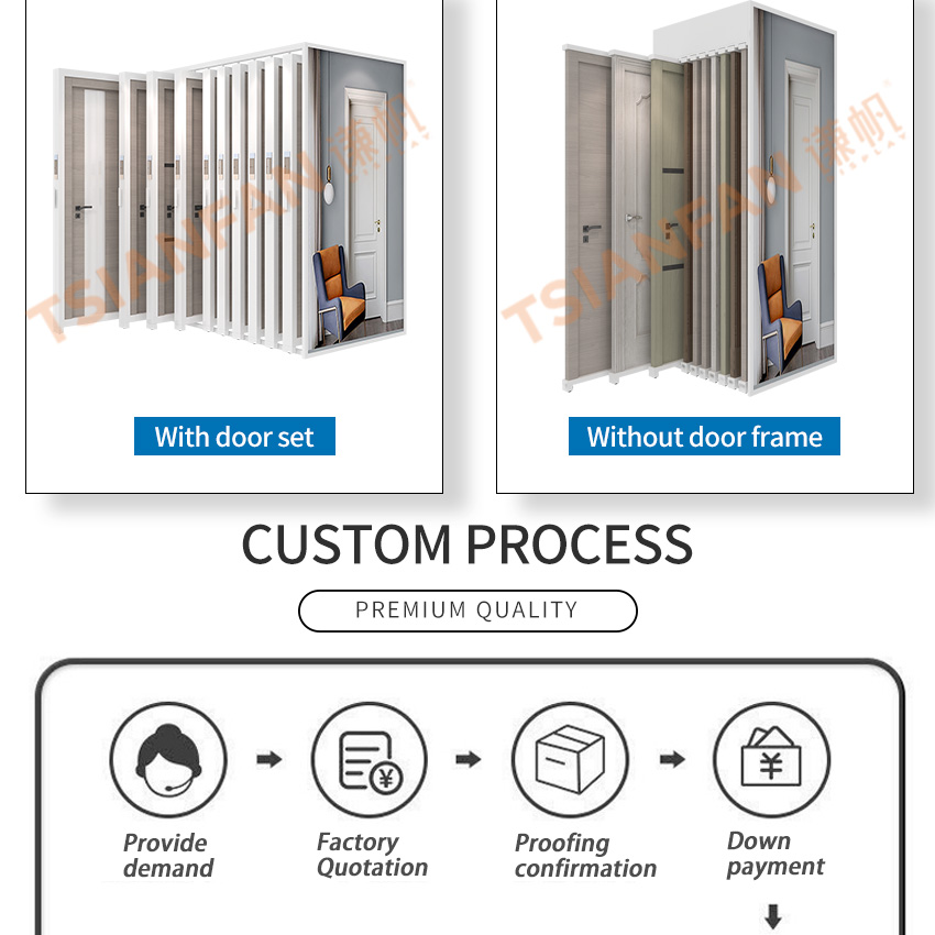 Tsianfan Factory Sale Floor Page-Turning Door Display Showroom Wooden Doors Cabinet Sample Rack Wing Wood Door Display Stand