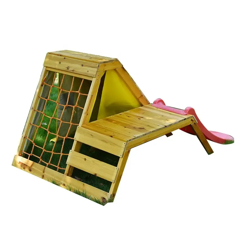 子供ガーデンプレイテント木製プレイハウスクライミングフレームスライド付き