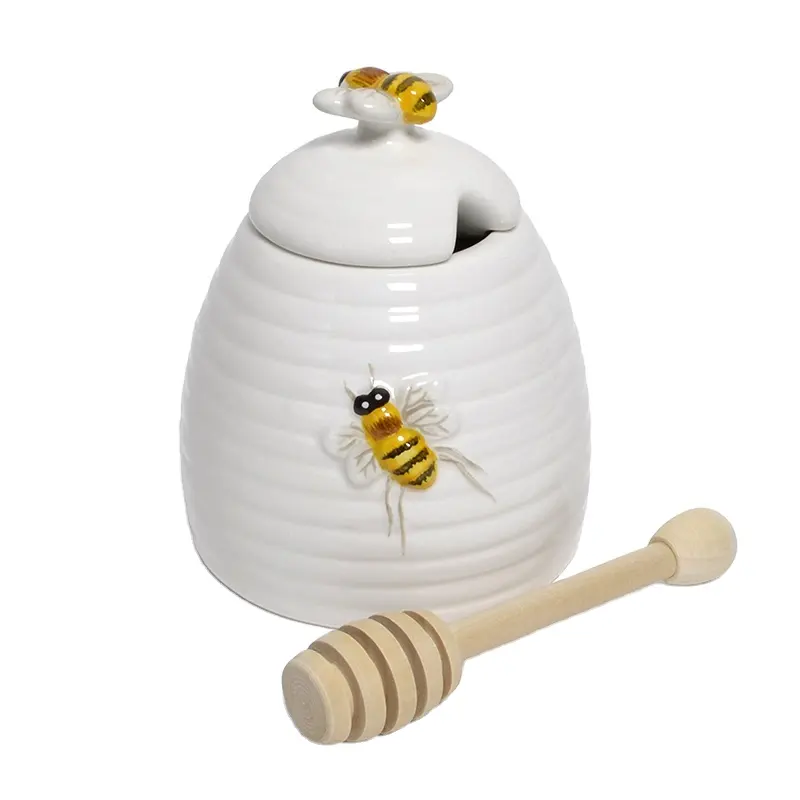White色Ceramic Beehive Honey Jarセラミック蓋でDipper