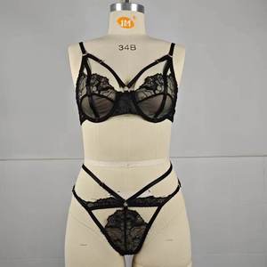 Hot Sale Hollow Out Lace Lingerie Gathered See Through Black Women's <b>Sexy</b> Embroiderers Lingerie <b>Bra</b> & Panty <b>Set</b> - Product Image 3