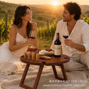 Outdoor Wooden Folding <b>Picnic</b> <b>Table</b> With Wine Holder And Knife Set Round <b>Portable</b> For <b>Picnics</b> Camping - Product Image 2