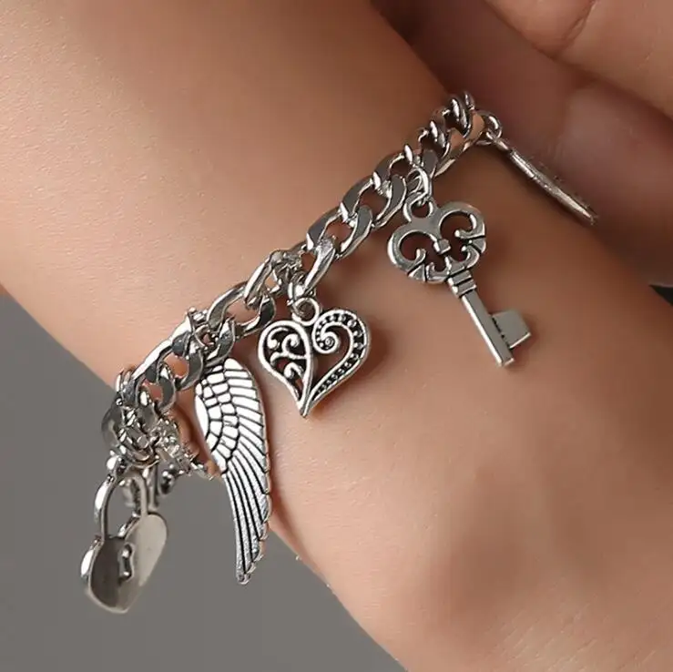 10 Pendant Alloy Heart Elephant Wing Key Love Charm Women Bracelet Jewelry