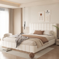 Cadre de lit en tissu de style moderne et épuré, tailles Queen et King, ensemble de chambre à coucher aux tons neutres et chaleureux, lit au design minimaliste