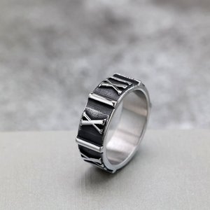 Vintage Stainless Steel Men's <b>Ring</b> Roman Numeral Relief Retro Geometric Design Gift Jewelry - Product Image 2
