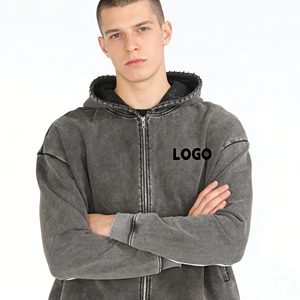 เสื้อฮู้ดดี้ผู้ชายแบบซิป คุณภาพสูง พิมพ์ลายโลโก้ ดีไซน์ขาดๆ แบบวินเทจ ผ้าฝ้ายเฟรนช์เทอร์รี่ 450GSM เสื้อผ้าผู้ชาย - Product Image 3