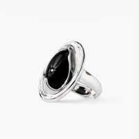 Bague ouverte minimaliste rétro avec pierre noire et détail géométrique pour femme, finition métal antique, bijou ajustable