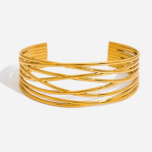 Brazalete Abierto Geométrico de Acero Inoxidable, Chapado en Oro de 18K, Joyería Unisex, Accesorio de Moda - Product Image 1