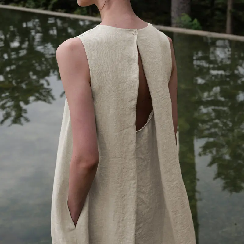 Factory wholesale summer French pastoral sleeveless back hollow design two wear loose elegance Irregular linen cotton long dress