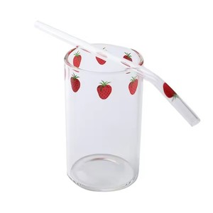 Ins Nana Strawberry <b>Glasses</b> Heat Resistant Coffee Milk Water Cups With Straws Clear Cute Juice Smoothie Cold <b>Drinks</b> Straw Cup - Product Image 5