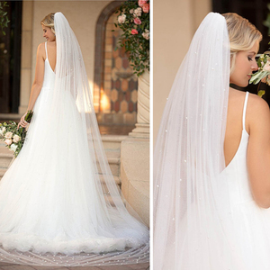 Voile de mariée de luxe fait main en perles, style cathédrale, 3 mètres, en tulle blanc beige, accessoires de robe de mariée, perlé, 1 couche, polyester - Product Image 2