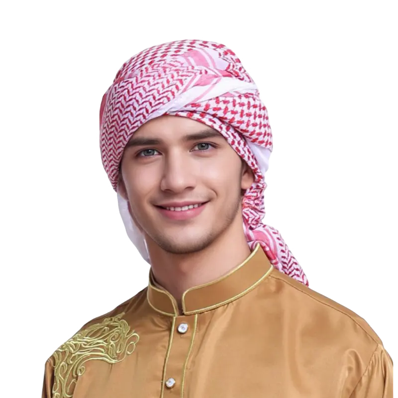 ผ้าพันคออาหรับมุสลิมทรงสี่เหลี่ยมผ้าพันคอ100% ผ้าโพกศีรษะโพลีเอสเตอร์สำหรับผู้ชาย
