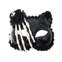 Maschera a Mezzo Viso con Teschio Animale e Scheletro Nero con Rosa per Halloween, Costume Spaventoso da Donna per Feste in Maschera