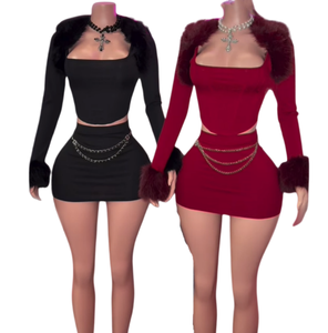 PEEQI K25S85367 Nuovi Arrivi Completo <span class=keywords><strong>Donna</strong></span> Due Pezzi con Gonna Corta e Top con Inserti in Pelliccia <span class=keywords><strong>Sexy</strong></span> per Club <span class=keywords><strong>Abbigliamento</strong></span> Femminile 2026 - Product Image 1