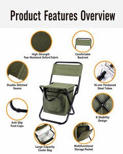 Chaise de pêche pliable portable avec cadre en fer, dossier, sac isotherme et pochette de rangement pour camping en plein air, jardin, pique-nique, voyage - Product Image 1