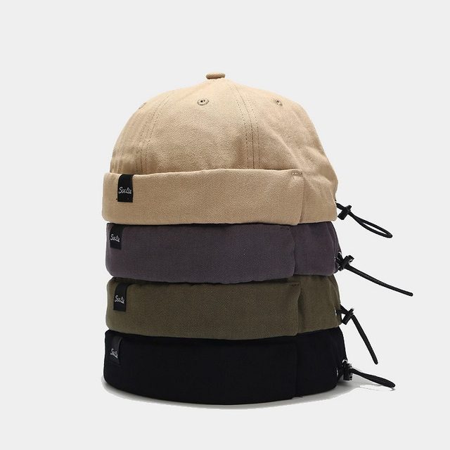 Retro Full Closure Brimless Cap With Strip Adjustable Woven Label Patch Skull Baseball Cap Without Brim