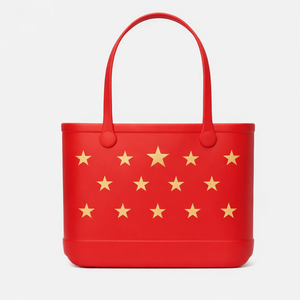 Red EVA <b>Tote</b> <b>Bag</b> With Gold Stars Water Resistant Open Top Fashionable Design All Seasons Daily Use - Product Image 1