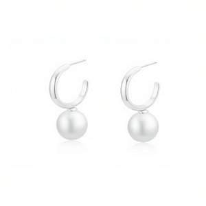 Amy Amy <b>Pearl</b> Hoop <b>Earrings</b> <b>Silver</b> Faux <b>Pearl</b> Round White Classic Women's Everyday Wear - Product Image 1