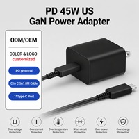 Cargador de Pared USB C PD de 45 W, Adaptador de Corriente Portátil GaN con Cable USB-C a USB-C de 1.8 m, Protección Térmica, Carga Rápida para Teléfono