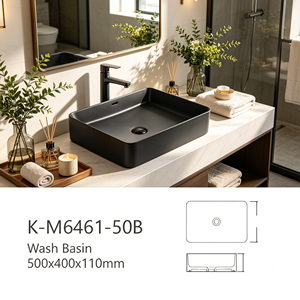 Lavabo ovale en céramique noir mat pour salles de bain d'hôtels commerciaux, position de robinet intégrée - Product Image 3