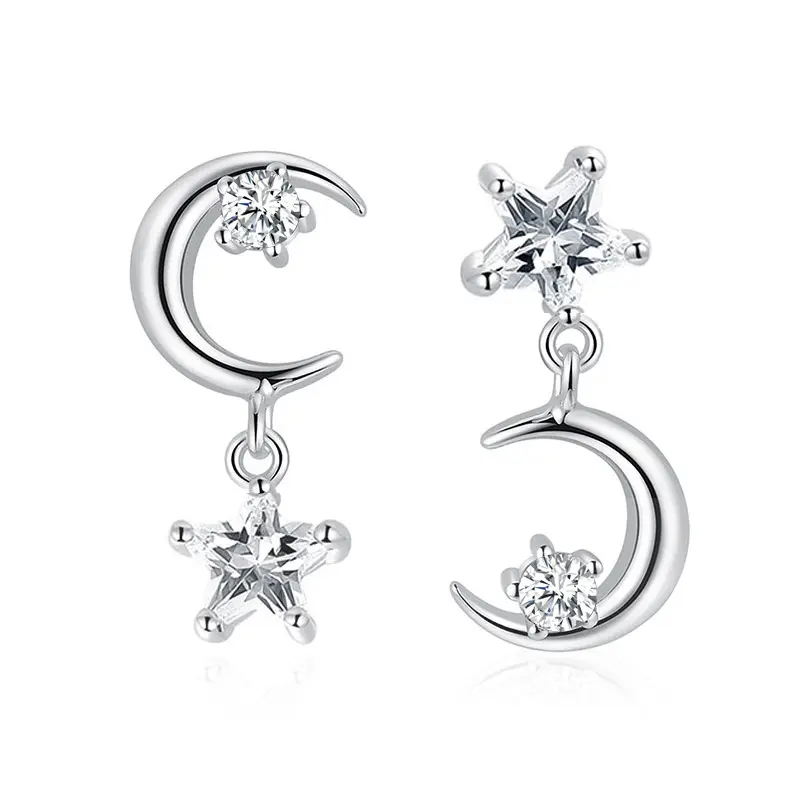 Korean Silver Star And Moon Stud Earrings Sweet Asymmetrical Women Classic Five-pointed Star Moon Stone Tassel Earrings