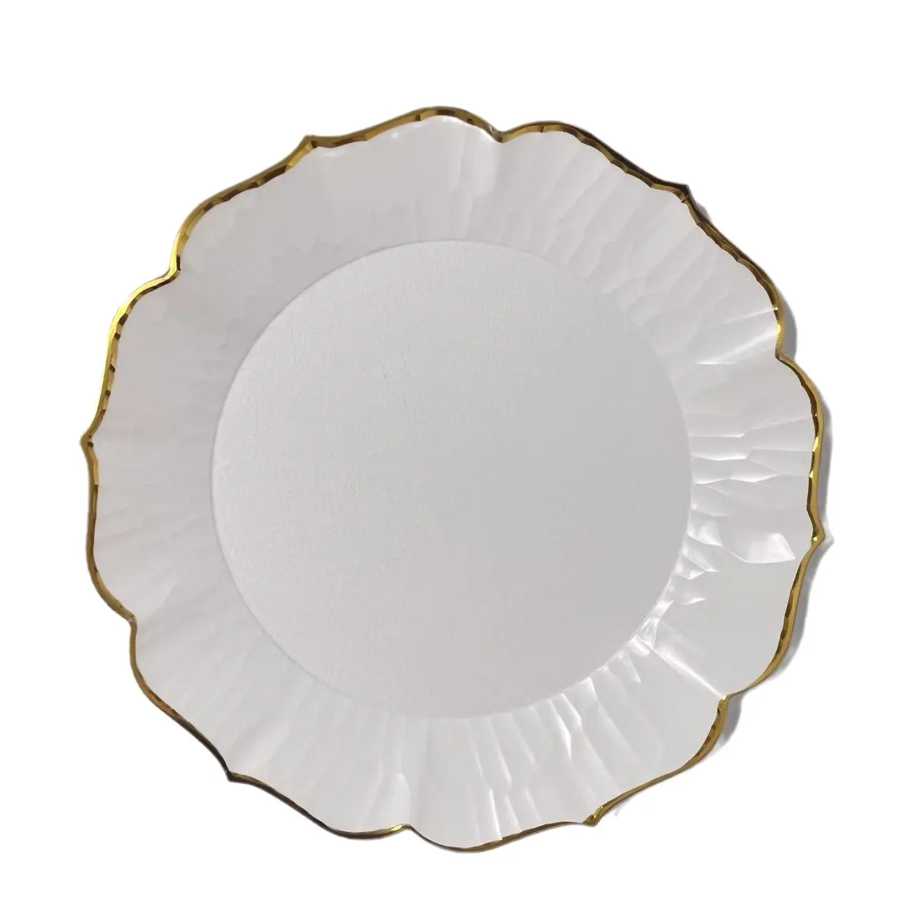 13" White and Gold Rim flower Shape chargers plate White Sunflower Plastic Charger Plates Party Wedding Decoration Plates