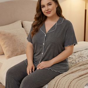 OEM/ODM Vêtements de nuit pour femmes, cardigan à boutons, respirant, couleur unie, <span class=keywords><strong>grande</strong></span> <span class=keywords><strong>taille</strong></span>, pyjama en tricot à manches courtes, ensemble deux pièces, vêtements de maison - Product Image 2