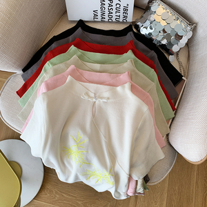 Maglietta Estiva da Donna Casual alla Moda con Ricamo, Slim Fit, Manica Corta, Pullover Lavorato a Maglia - Product Image 1