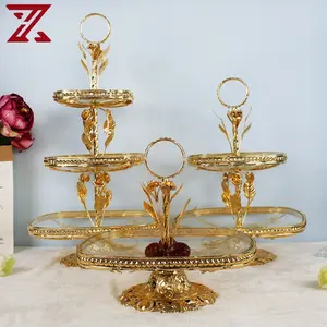 Super september promotion hotel dessert tray glass tray with metal handle luxury cake stand