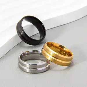 Wholesales 18K Gold Plated Stainless Steel 8mm Polished Beveled Edge Double Groove Rings for Men