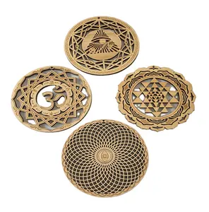 Hot Sale Laser Cutting Carve Wooden Engraved Wood Grid Sacred Geometry Wall Sign Decor Craft
