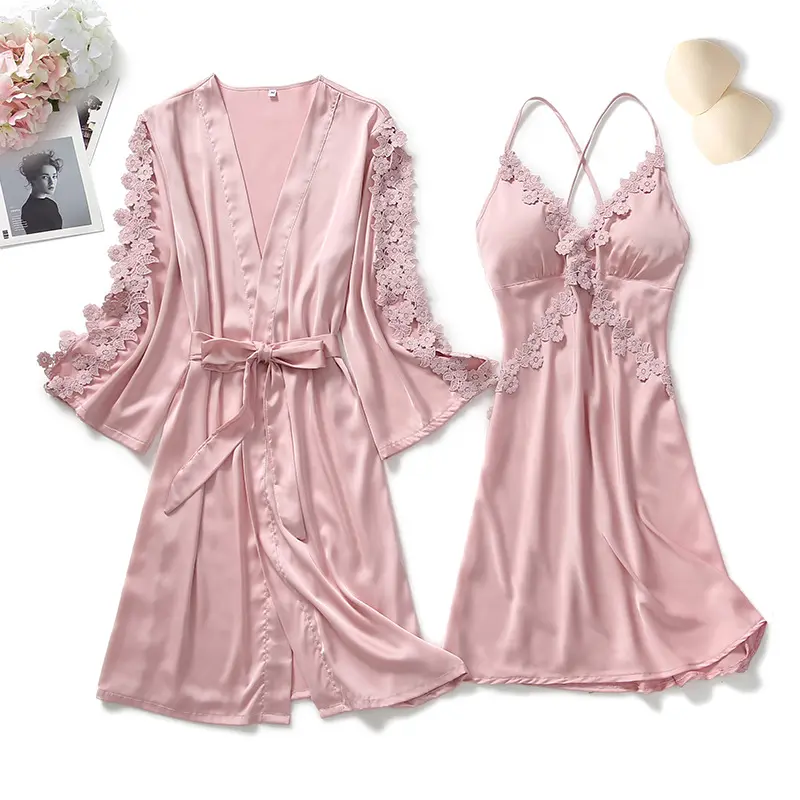 Women Lace Satin 2pcs Pajamas set Silk Sexy Nightgown for Bride
