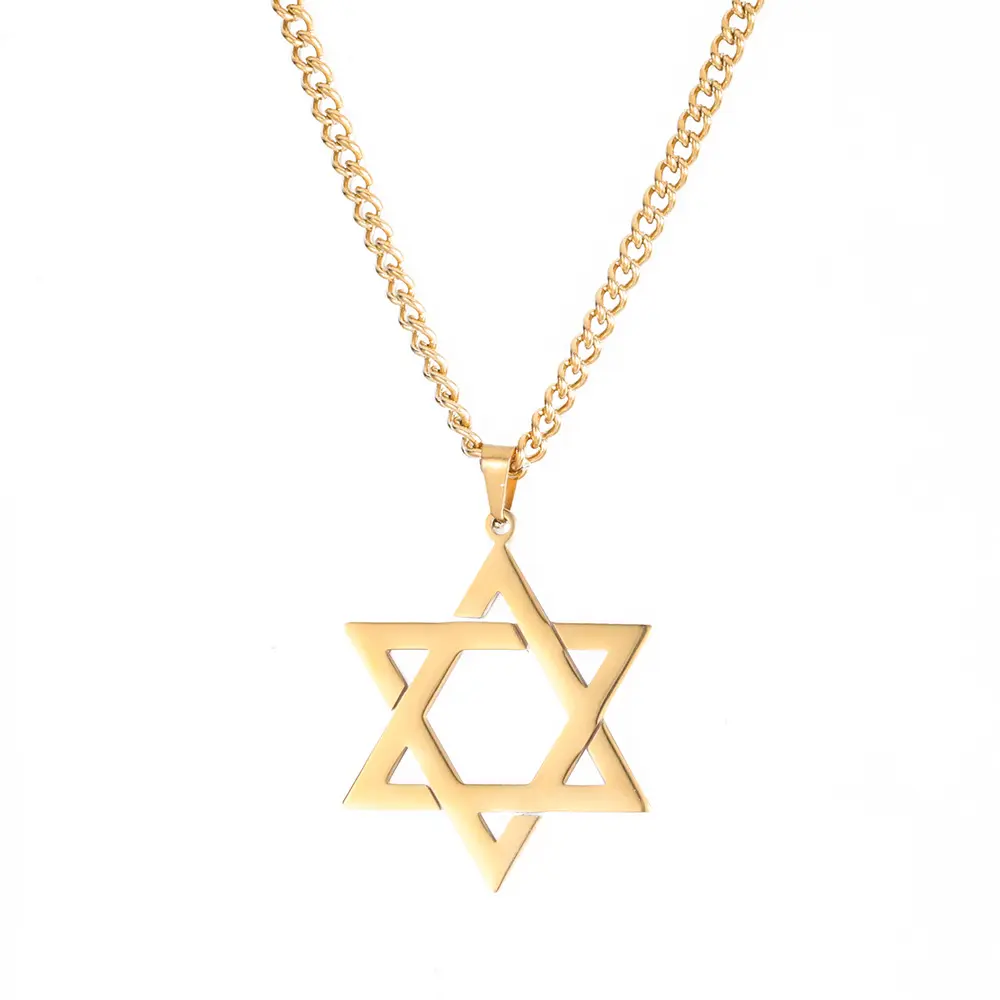 SSN060 Star of David Necklace for Men Women Stainless Steel 18K Gold Plated Hexagram Pendant 24 Inch Chain Jewish Israel Jewelry