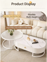 Ensemble de tables basses modernes de style crème avec plateau rond en pierre, tables gigognes de luxe, design décoratif combiné pour salon domestique