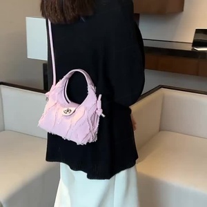 Wholesale Denim Solid Color Ruched Embroidery Cover Closure Fluffy Plush <b>Tassel</b> Hobo <b>Handbag</b> Women Shoulder Messenger Bags - Product Image 4
