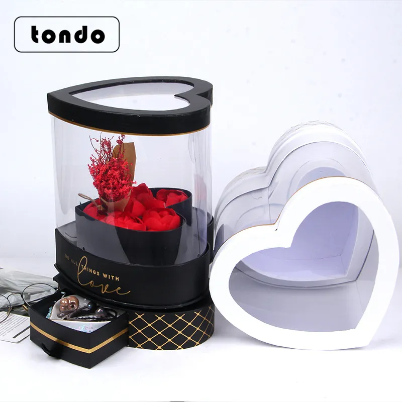 Tondo Doppels chicht rotierende herzförmige Valentinstag PVC transparente Luxus blume Geschenk box mit Schublade