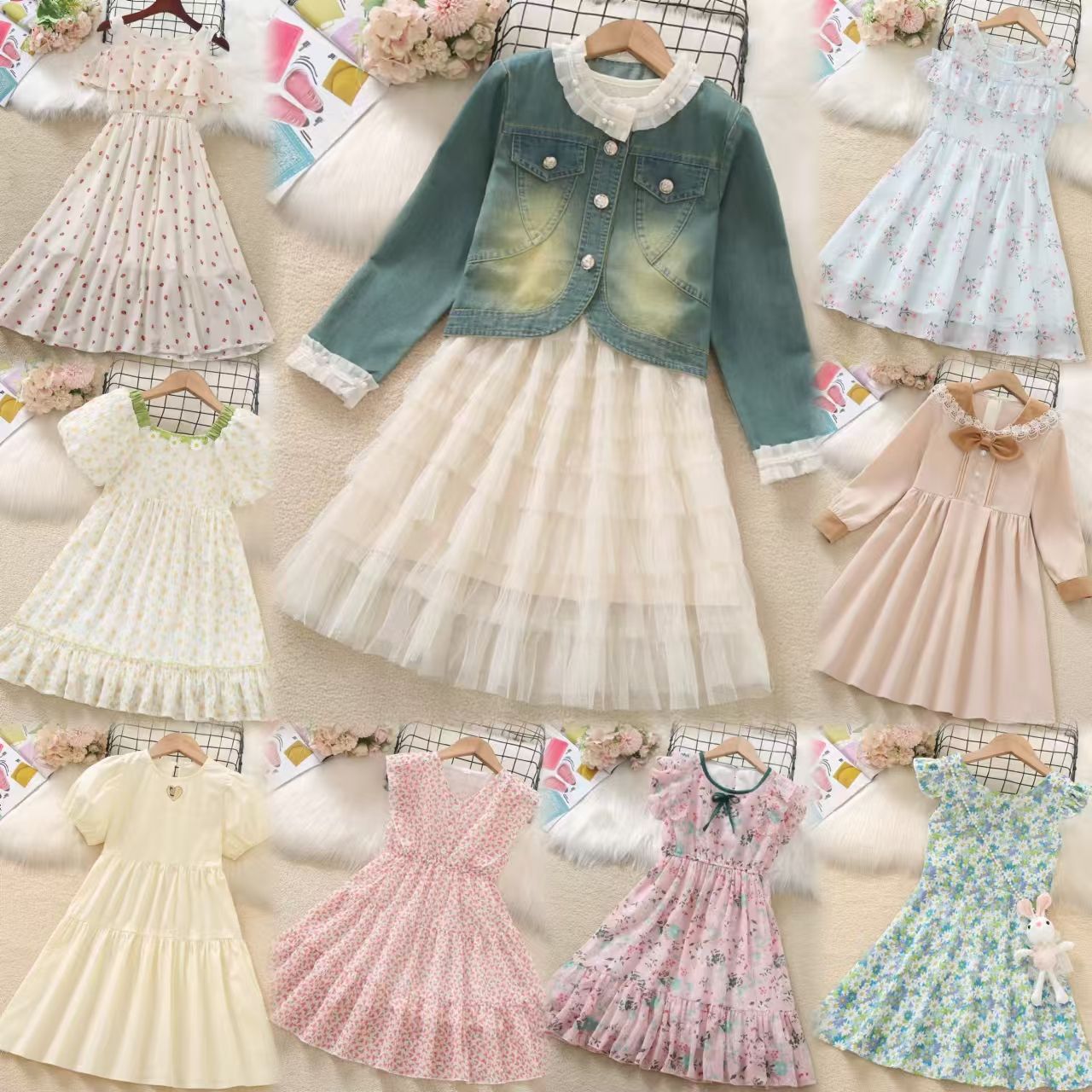 2025 Children's Floral Print Dresses for Spring and Autumn, with a Gentle Style. They Are Cotton Skirts for Little Girls