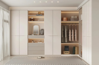 Armoire dressing moderne sur mesure avec cadre en panneaux de particules, portes vitrées, éclairage LED et table de maquillage intégrée