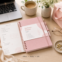 Carnet de planification bien-être rose, reliure spirale, format A5, couverture texturée, fermeture élastique, pour le bureau, les études, ou comme cadeau