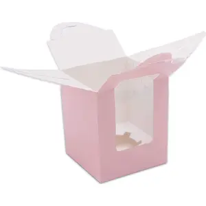 定制粉色便携式单纸杯蛋糕带盖窗口插入便携式礼品盒婚礼生日派对糖果家庭小吃