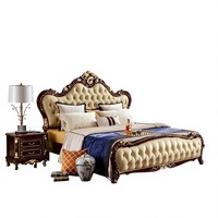 Ensemble de meubles de chambre à coucher de luxe, style royal français classique, en bois de hêtre, avec feuille d'or et tissu italien, pour lit double, antique européen, pour lits Queen/King